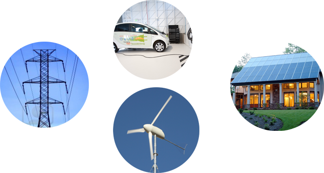 Power grid, electric vehicle, rooftop solar, wind turbine