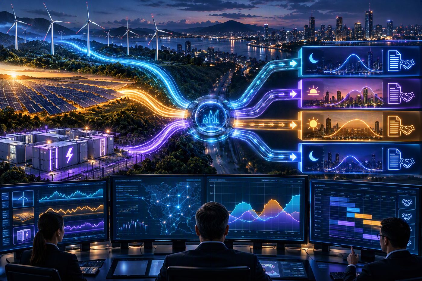 Optimizer routing wind, solar and storage output into multiple time-of-delivery contracts